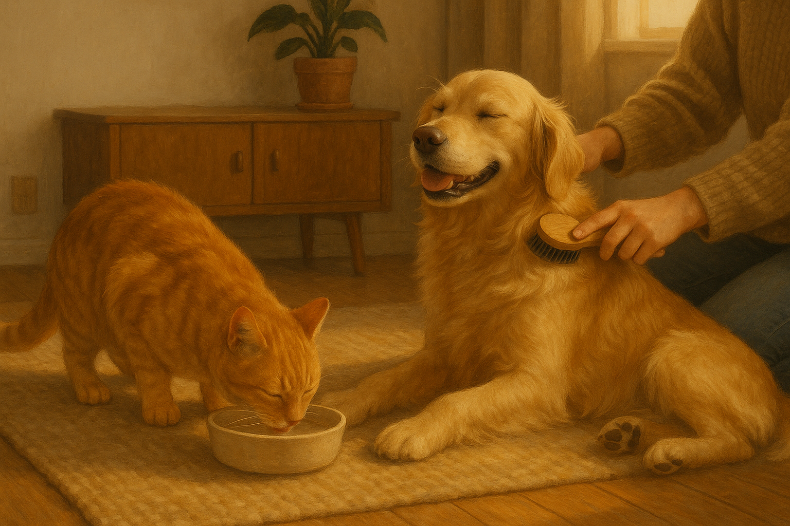 cat drinking, dog being brushed